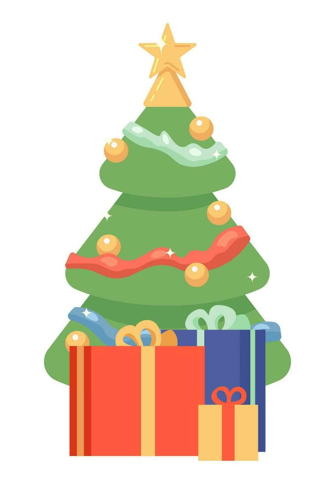 Gifts christmas tree 2D cartoon object. Spruce new year. Giftboxes presents  xmas tree isolated vector item white background. Festive celebration. X mas  fir gift boxes color flat spot illustration 33162808 Vector Art