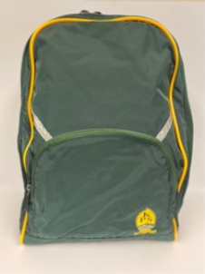 A green and yellow backpack 
Description automatically generated with medium confidence